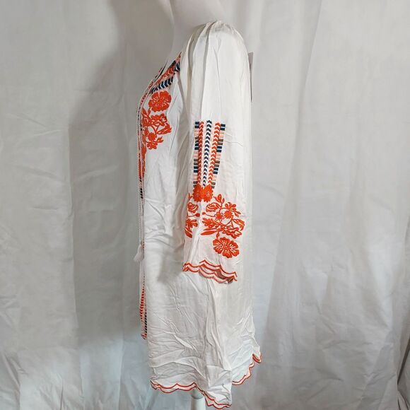 C/C Chic Connection Embroidered Tie Neck White Tunic Mini Dress Boho Small NWT - Picture 4 of 12